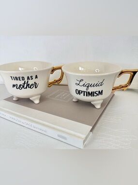 Funny Coffee Mug Set Tired As A Mother Liquid Optimism Gold Handle Set of 2